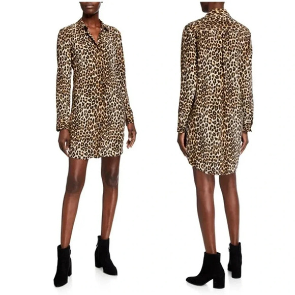 NWT $350 Equipment Essential Cheetah-Print Long-Sleeve 100% Silk Shirt Dress - Picture 1 of 9
